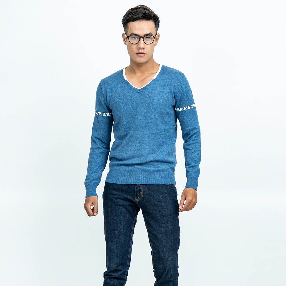 Áo len nam dài tay cổ tim màu xanh dương  NOVELTY 180574I