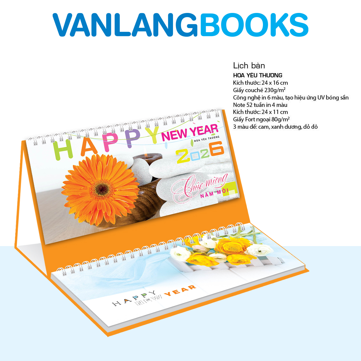 Lịch Bàn 2026 Vanlangbooks - Hoa Yêu Thương (VLLB10B) Kèm Note 52 Tuần Tiện Lợi - Màu Cam