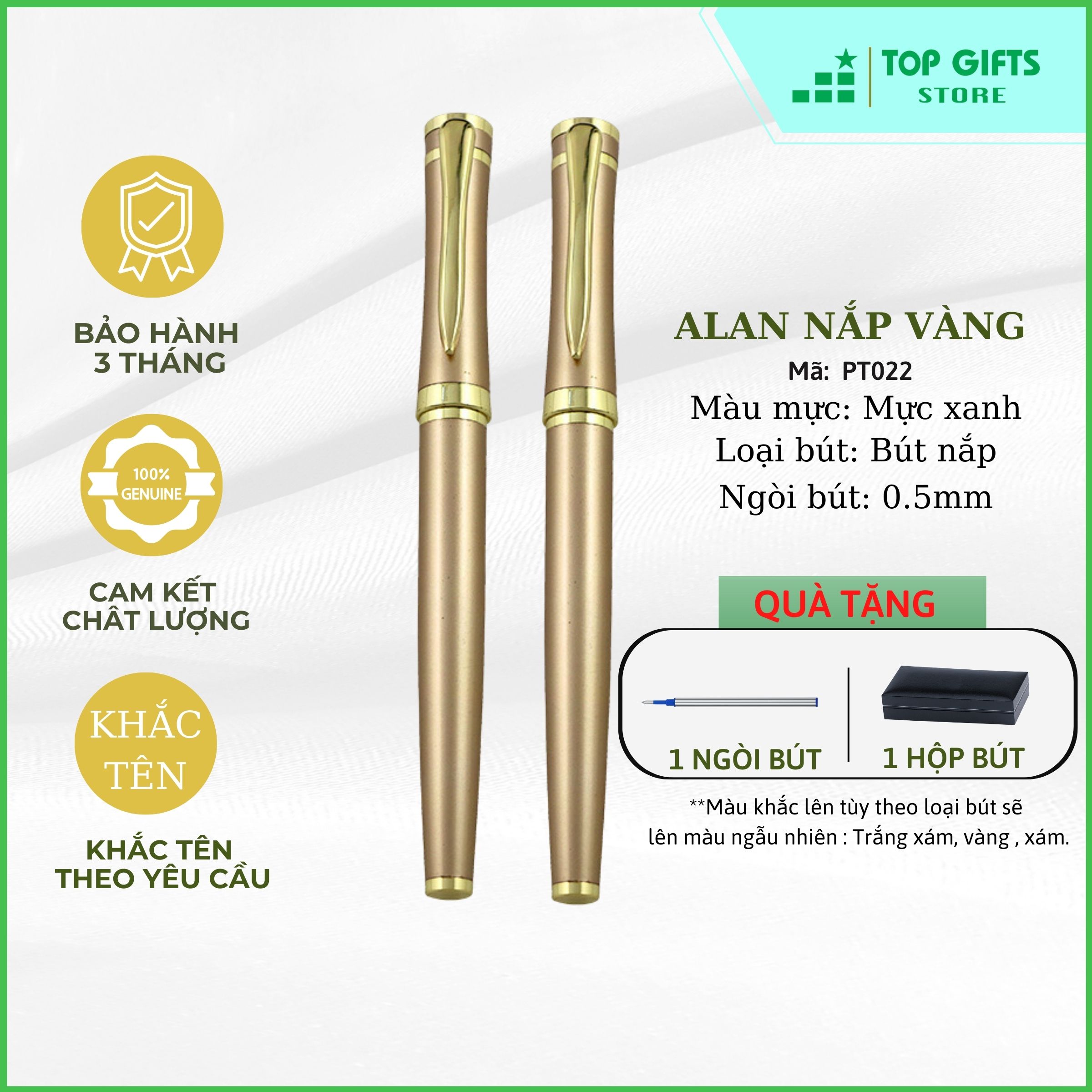 Bút ký khắc tên Alan Vàng PT022 - Ngòi 0.5mm mực xanh