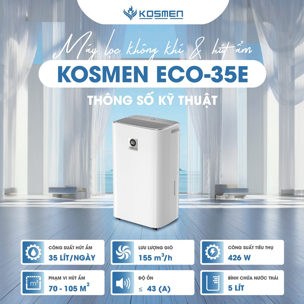 Máy Lọc Không Khí Và Hút Ẩm Kosmen ECO-35E Hút Ẩm 35 lít/ngày, Lọc Khí 3 Lớp Cao Cấp - Hàng Chính Hãng, Bảo Hành 2 Năm