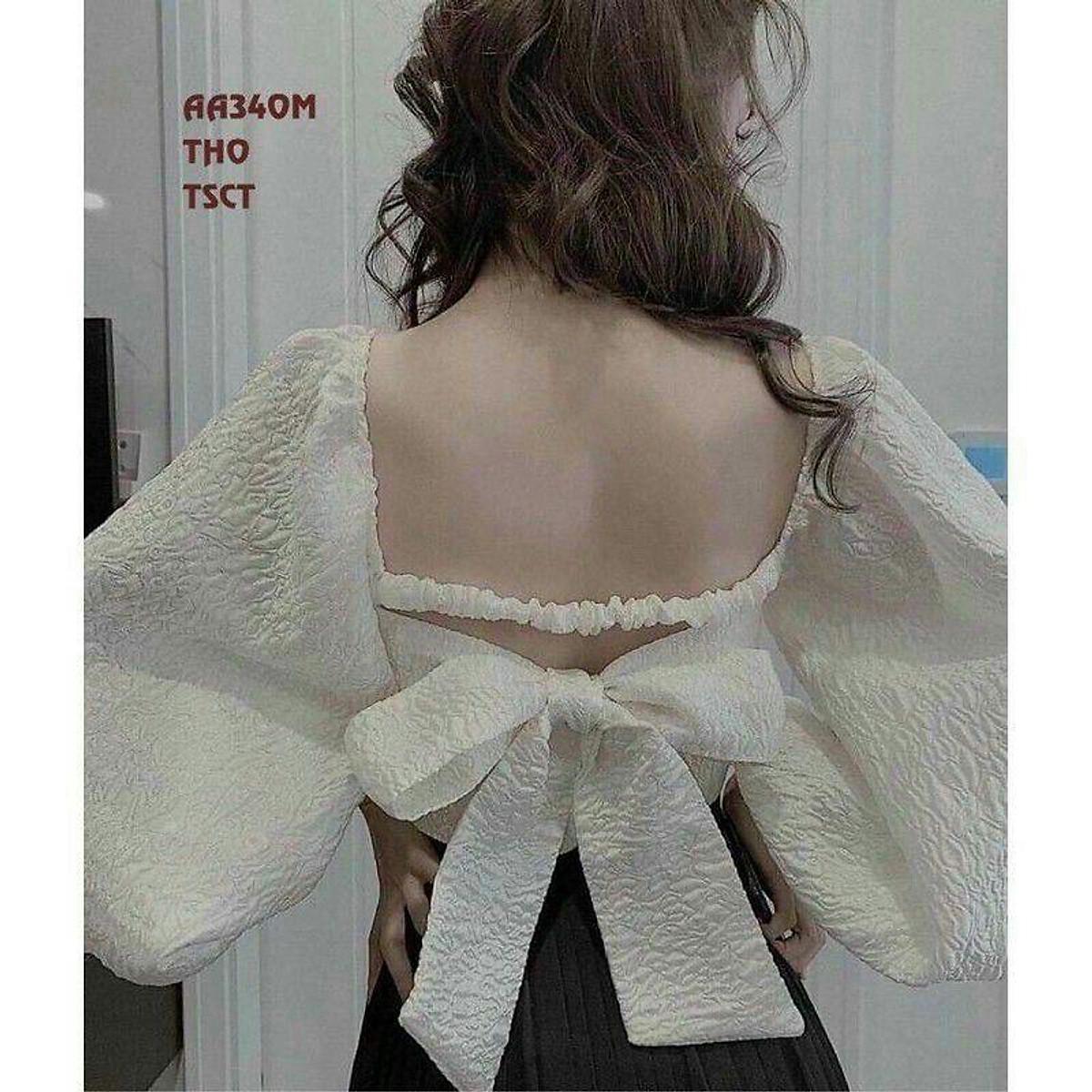 Áo xốp tay phồng nơ lưng có mút ngực - Mã: AXTPNL01 - Trắng