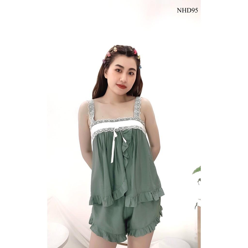 Set Bộ Nữ NHIHOUSE71 Áo Hai Vai Ren Bản Lá Đắp Quần Ngắn Lai Bèo Vải Xước Gân Bụi Cá Tính 45 - 57 Kg