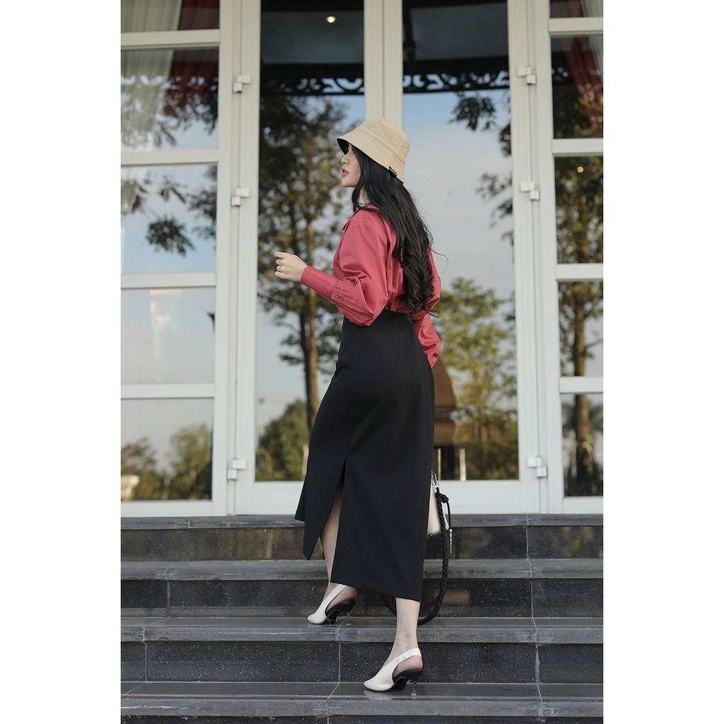 Chân váy công sở dáng dài, màu đen bassic, chất chéo Hàn Quốc, xẻ 2 bên hông, CVK495, hàng thiết kế cao cấp TK Fashion