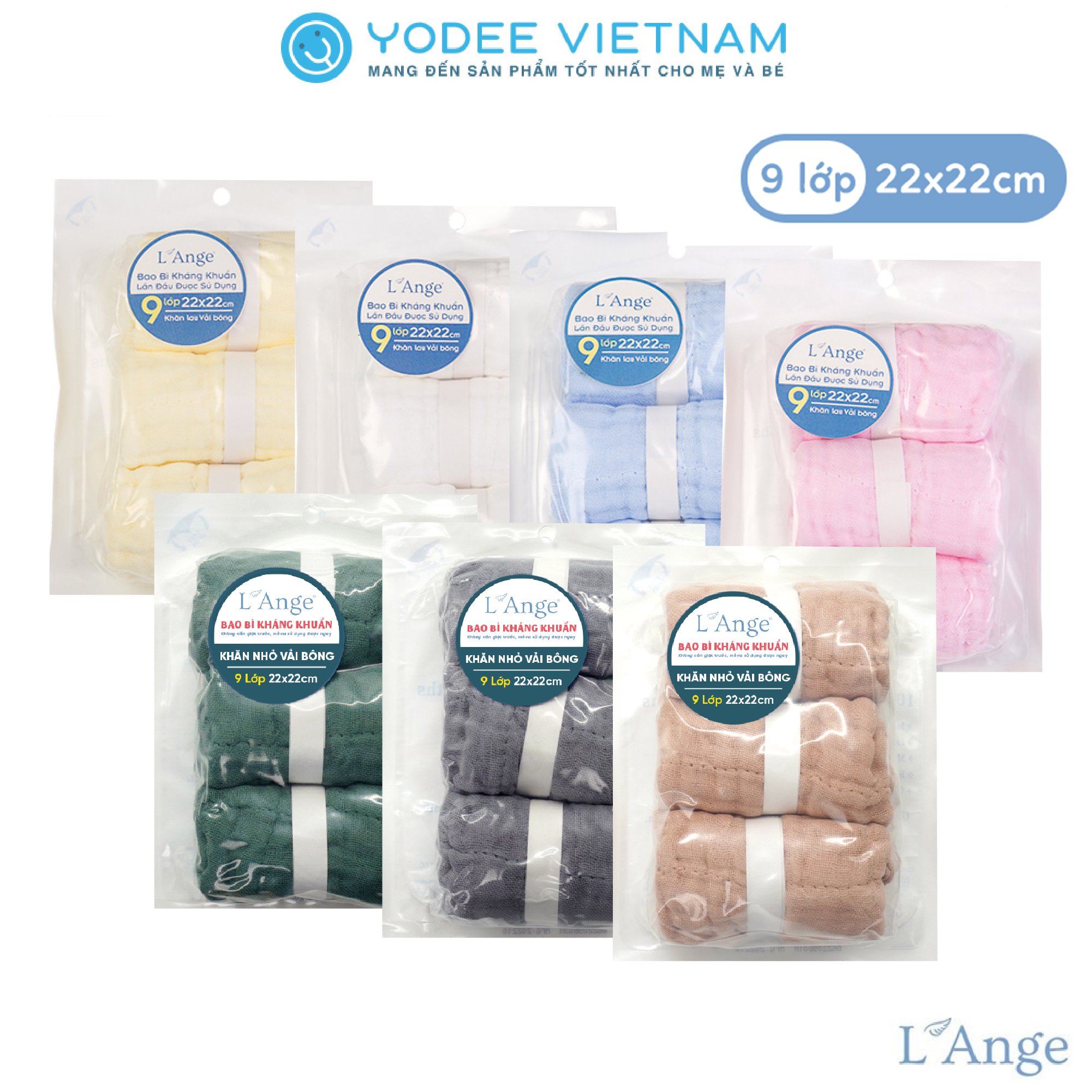 L'Ange Khăn sữa/Khăn lót đầu/Khăn lau mặt/Khăn yếm vải bông 9 lớp 22x22cm cho bé (set 3 cái)