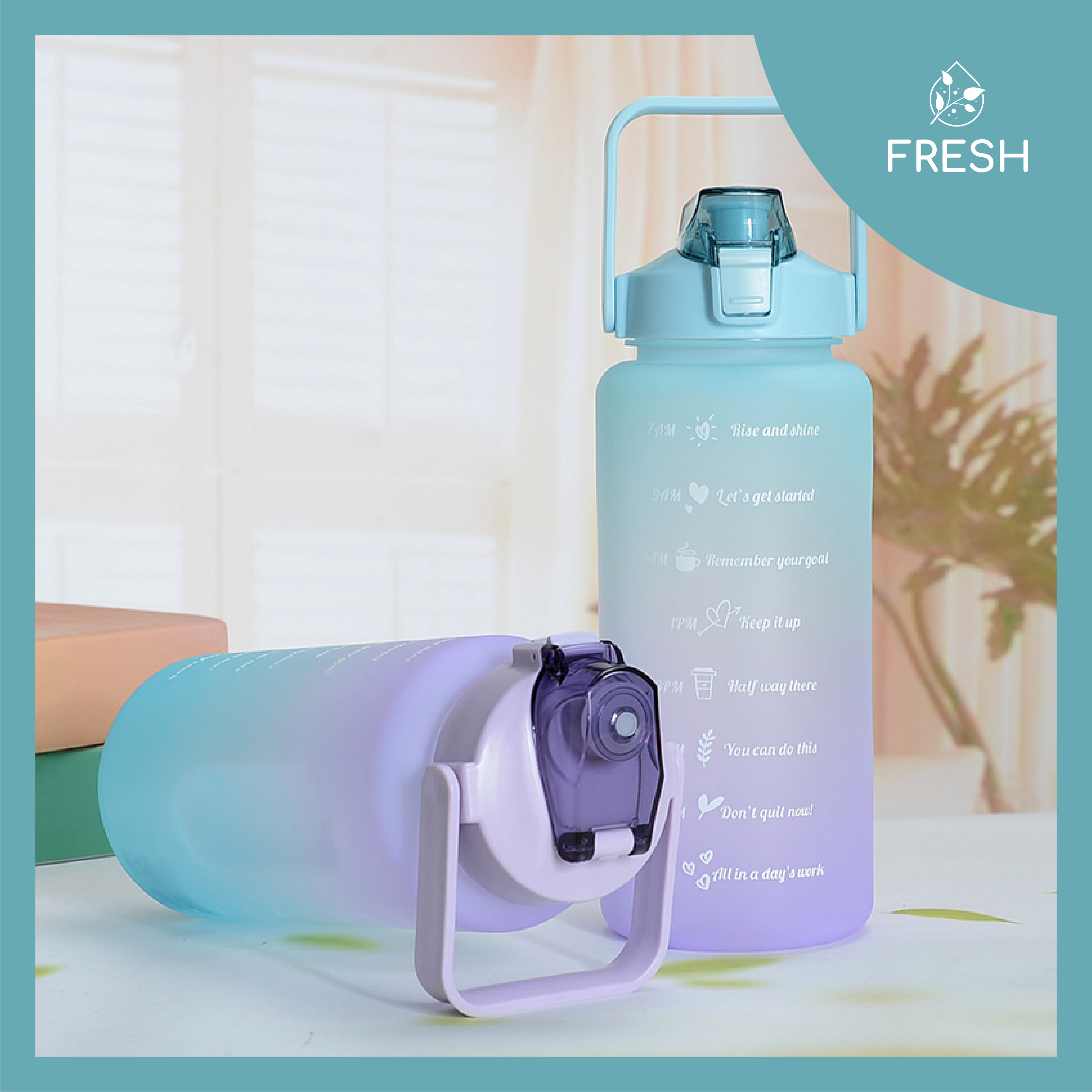 Bình Nước 2 Lít Chia Vạch Nhắc Nhở Giờ Uống Nước Mỗi Ngày TẶNG Kèm Sticker - FRESH