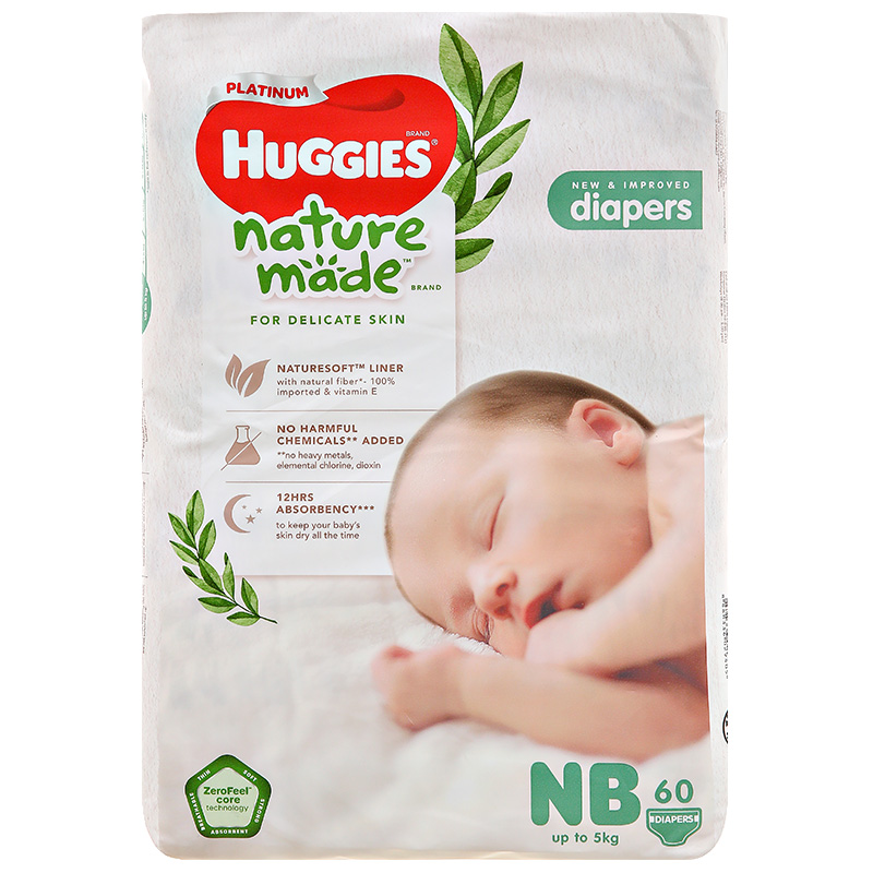 Tã dán siêu cao cấp Huggies Platinum Naturemade NB60 (dưới 5kg)