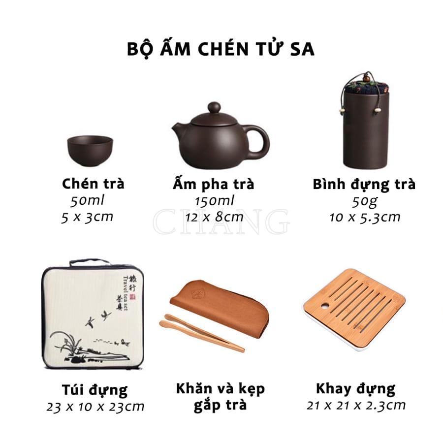 Bộ Ấm Chén Uống Trà Tử Sa, Bộ Ấm Chén Trà Đạo Sứ Thanh Kèm Khay Có Túi Đựng Xách Tay Dùng Làm Quà Tặng