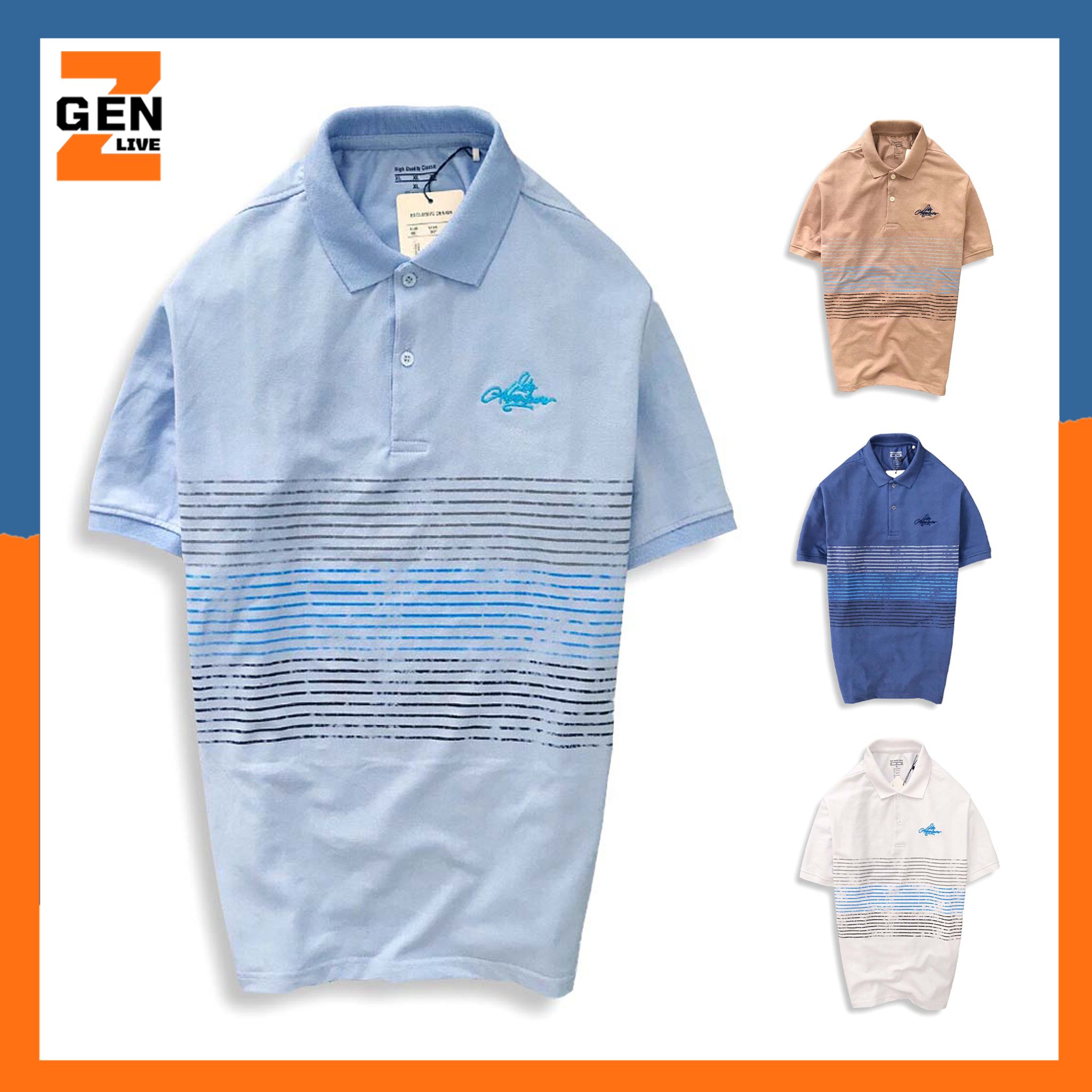 ÁO THUN NAM TAY NGẮN CỔ BẺ PHỐI SỌC NGANG, LOGO THÊU, TAY BO - LZPS151