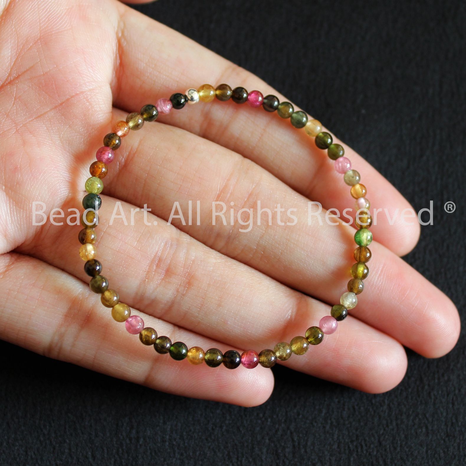 Vòng Tay 3MM Đá Tourmaline Đa Sắc Tự Nhiên Và Bạc 925, Mọi Cung Mệnh, Vòng Tay Phong Thuỷ, Chuỗi Hạt - Bead Art
