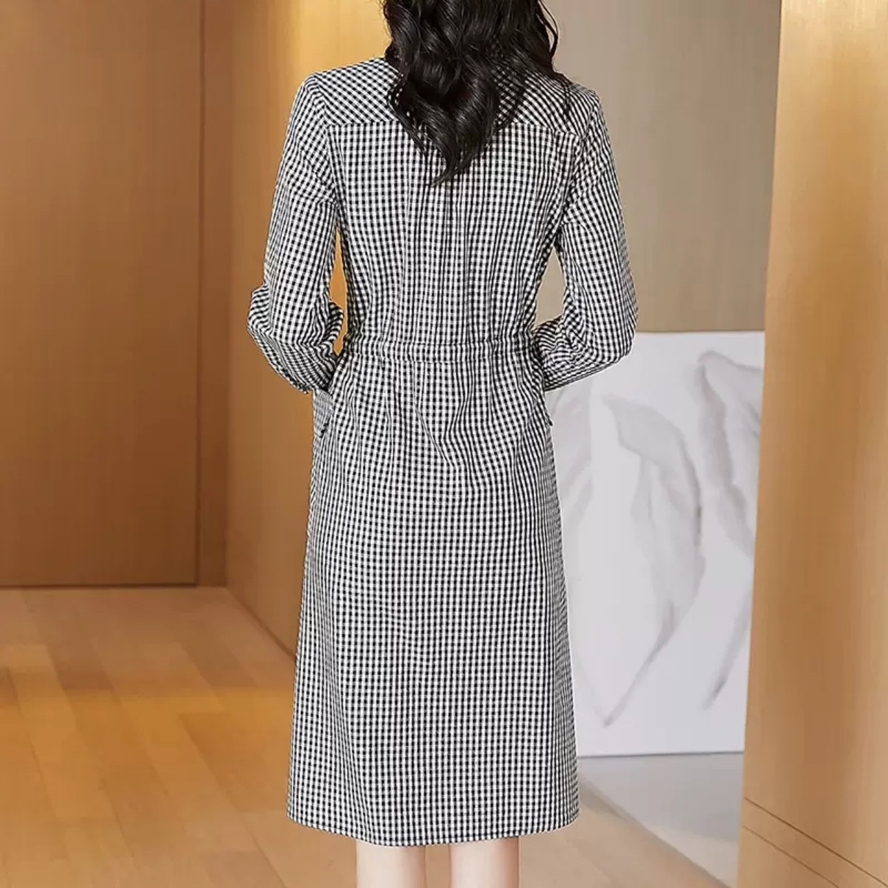 Váy sơ mi suông dài tay, Đầm nữ chất thô đũi kẻ caro, kèm dây thắt eo thời trang công sở ARCTIC HUNTER Da187