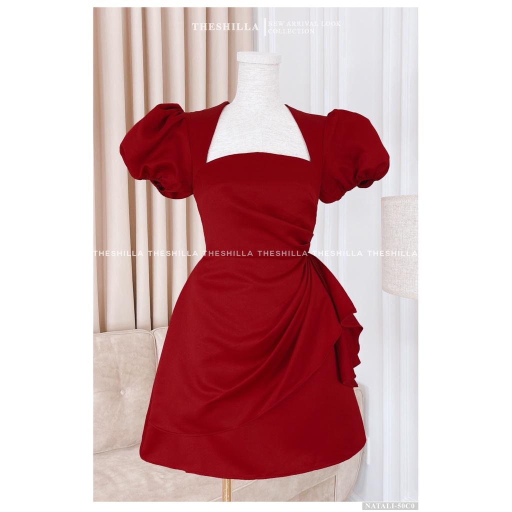 Váy thiết kế cao cấp màu đỏ tay phồng eo vạt nhún  The Shilla - Natali-50C0