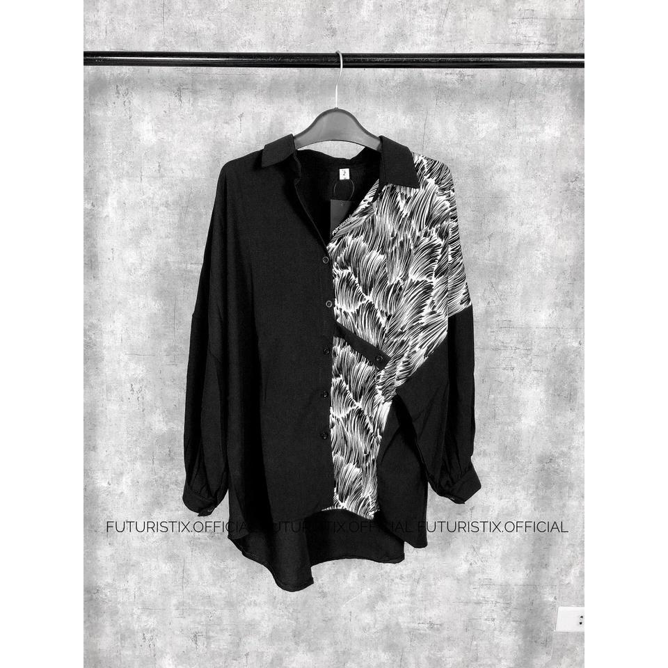 Sơmi White And Black Mix Nửa Thân, Áo sơ mi nữ form rộng phối lụa hàn họa tiết