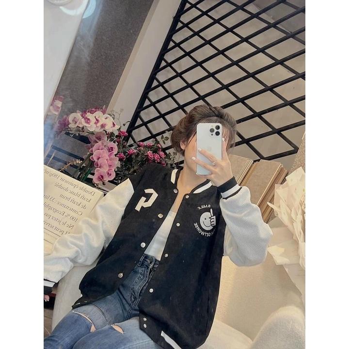 Áo Khoác Bomber Jackets Nhung Gân Tăm Thêu G-SMILE Jacket Varsity  Unisex Form Rộng Ulzzang