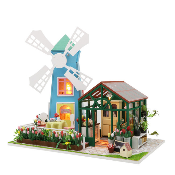 Mô hình nhà DIY Doll House Amsterdam Windmill Flower House Kèm Đèn LED và MICA chống bụi