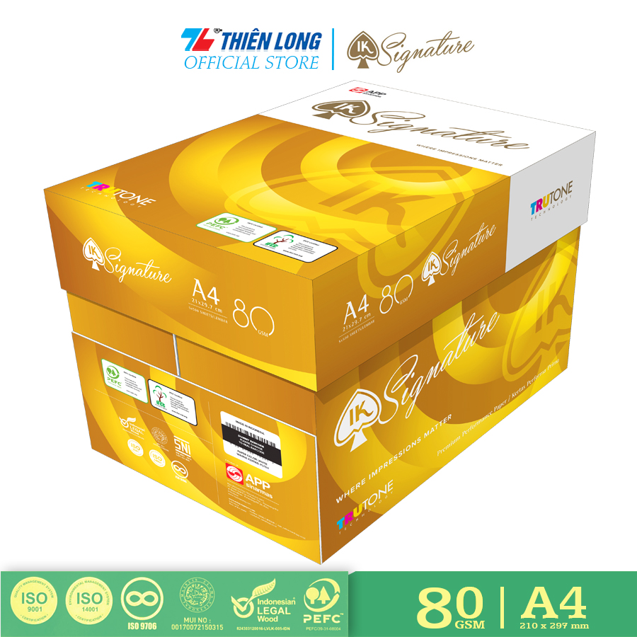 Giấy in photo A4 IK Signature - Định lượng 80 gsm - 500 tờ/ream - Hàng chất lượng cao nhập khẩu Indonesia