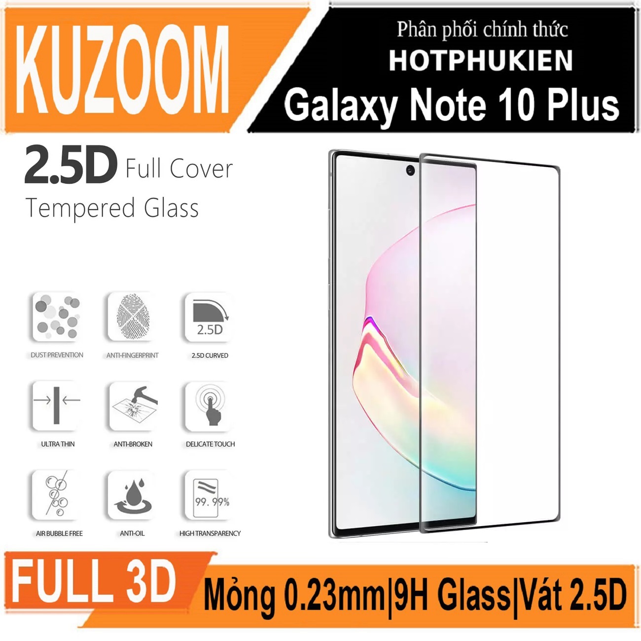 Miếng dán kính cường lực cho Samsung Galaxy Note 10 Plus full màn hình 3D hiệu Kuzoom Protective Glass  - Hàng nhập khẩu