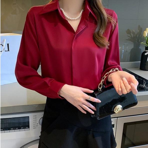Áo Sơ Mi Nữ Công Sở Màu Đỏ Đô Cổ Đức CHIPY Kiểu Hàn Quốc Vintage Ulzzang Form Rộng Dài Tay Đẹp Chất Lụa Cao Cấp A2D