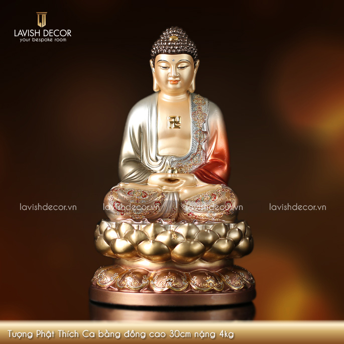 Tượng Phật Thích Ca Bằng Đồng Men Dát Vàng Sơn Bạc Ấn Bảo 30x18x18cm nặng 4kg