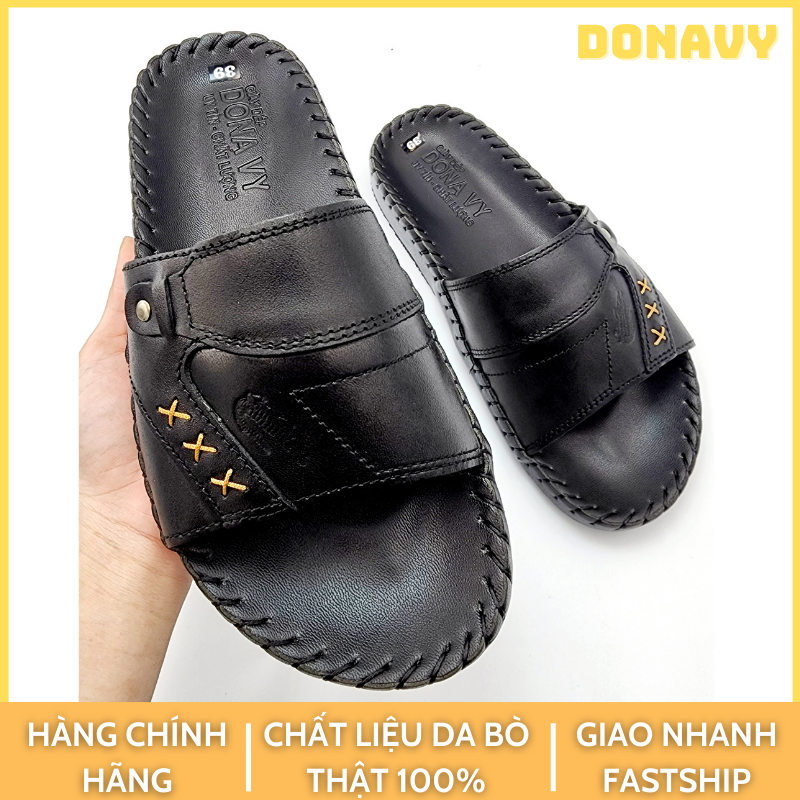 Dép quai ngang nam da bò thật 100% DONAVY cao cấp in vân cá sấu may dấu x cách điệu thời trang DCS3X