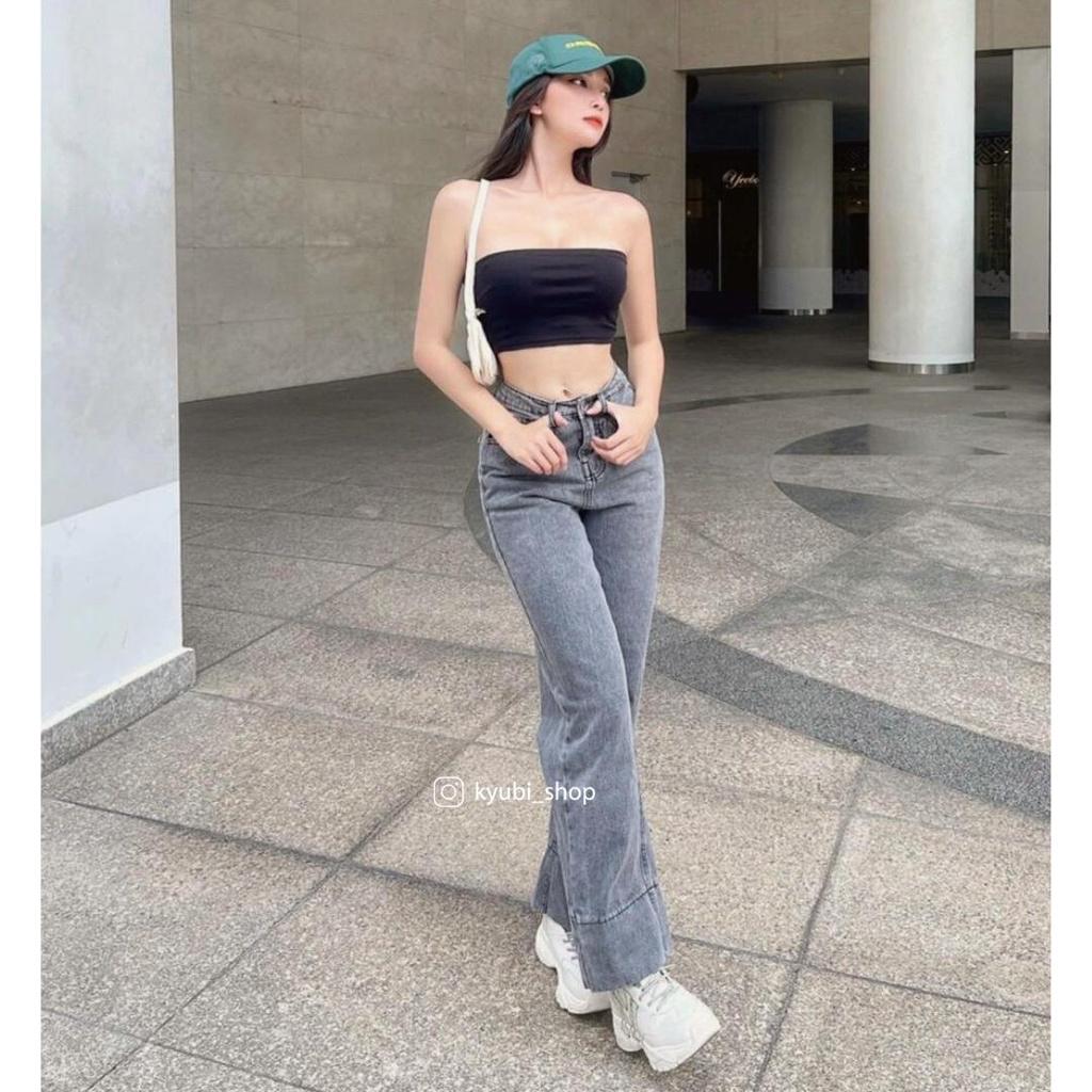 Quần jean nữ lưng cao dáng suông Ulzzang (Có Bigsize) - Quần jeans ống rộng suông cạp cao KYUBI BIGOES