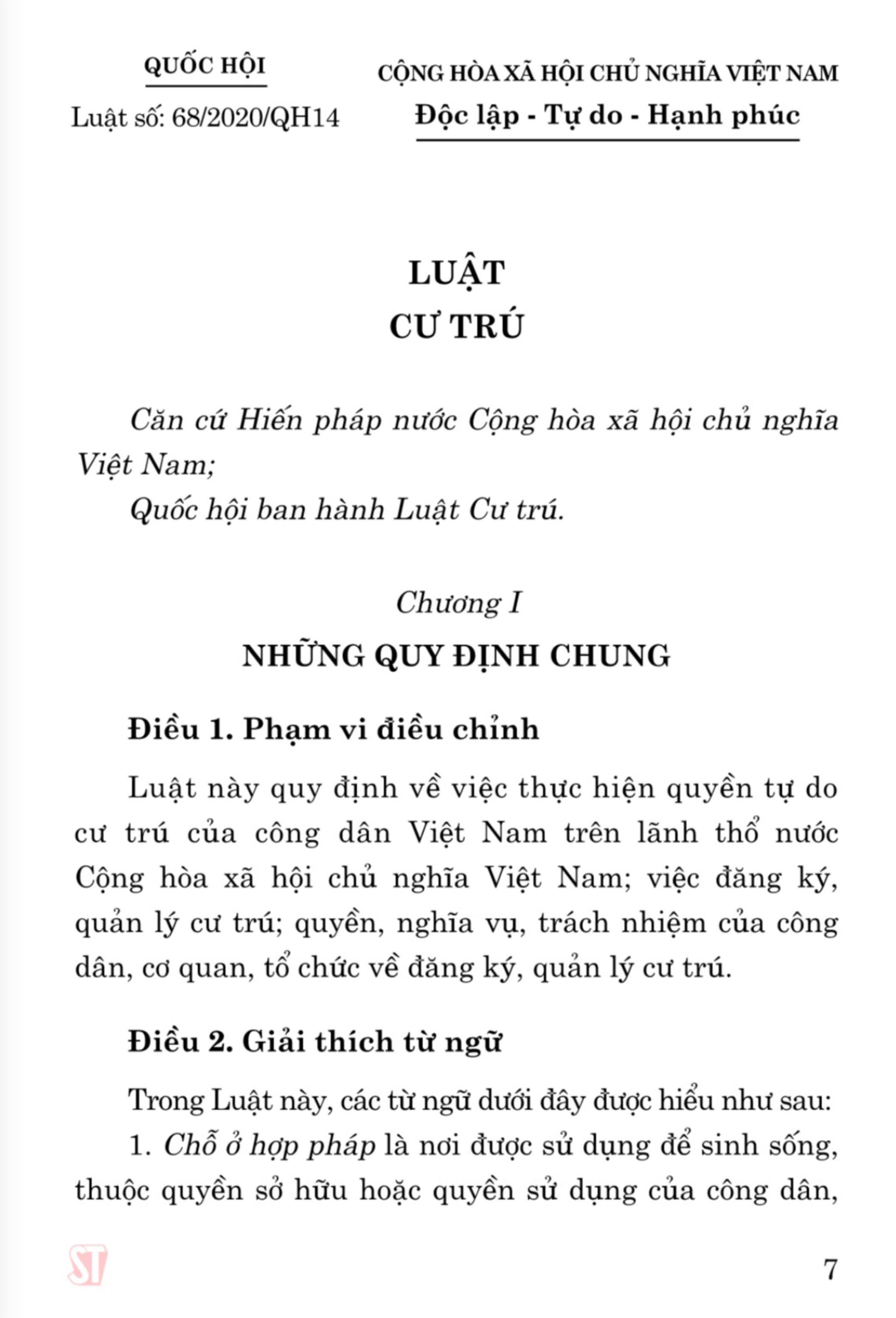 Luật cư trú - bản in năm 2021