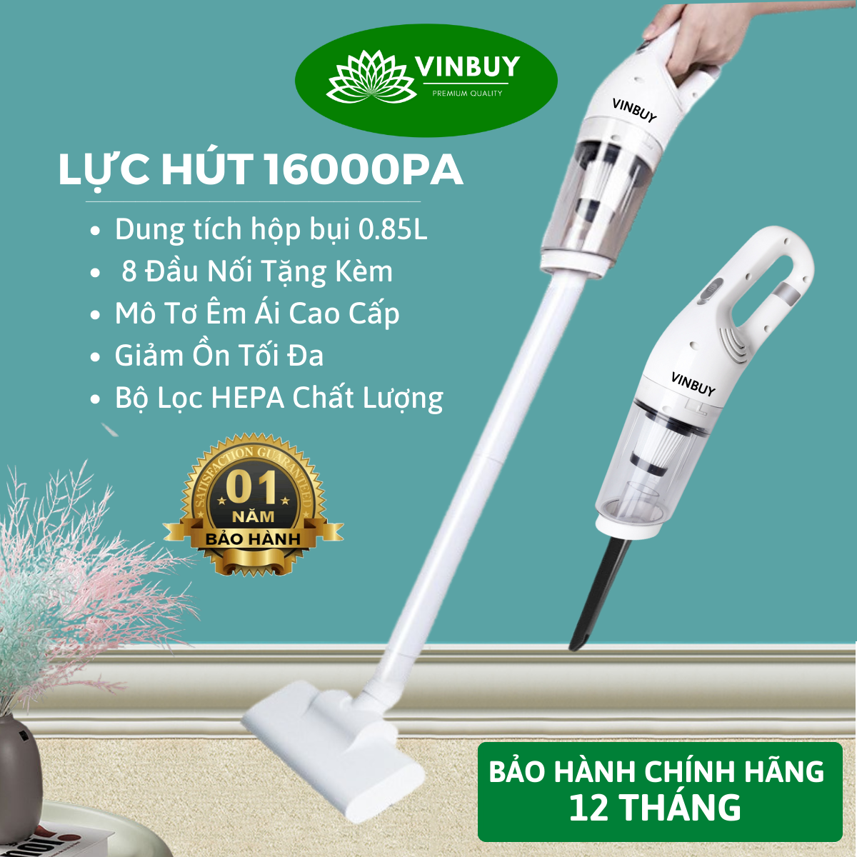 Máy Hút Bụi Cầm Tay Không Dây Sử Dụng Pin Sạc Lực Hút Mạnh Mẽ 16000PA Có Cán Dài Tặng Kèm 8 Đầu Hút Đa Năng, Hút Bụi Ô Tô Và Gia Đình – Hàng Chính Hãng