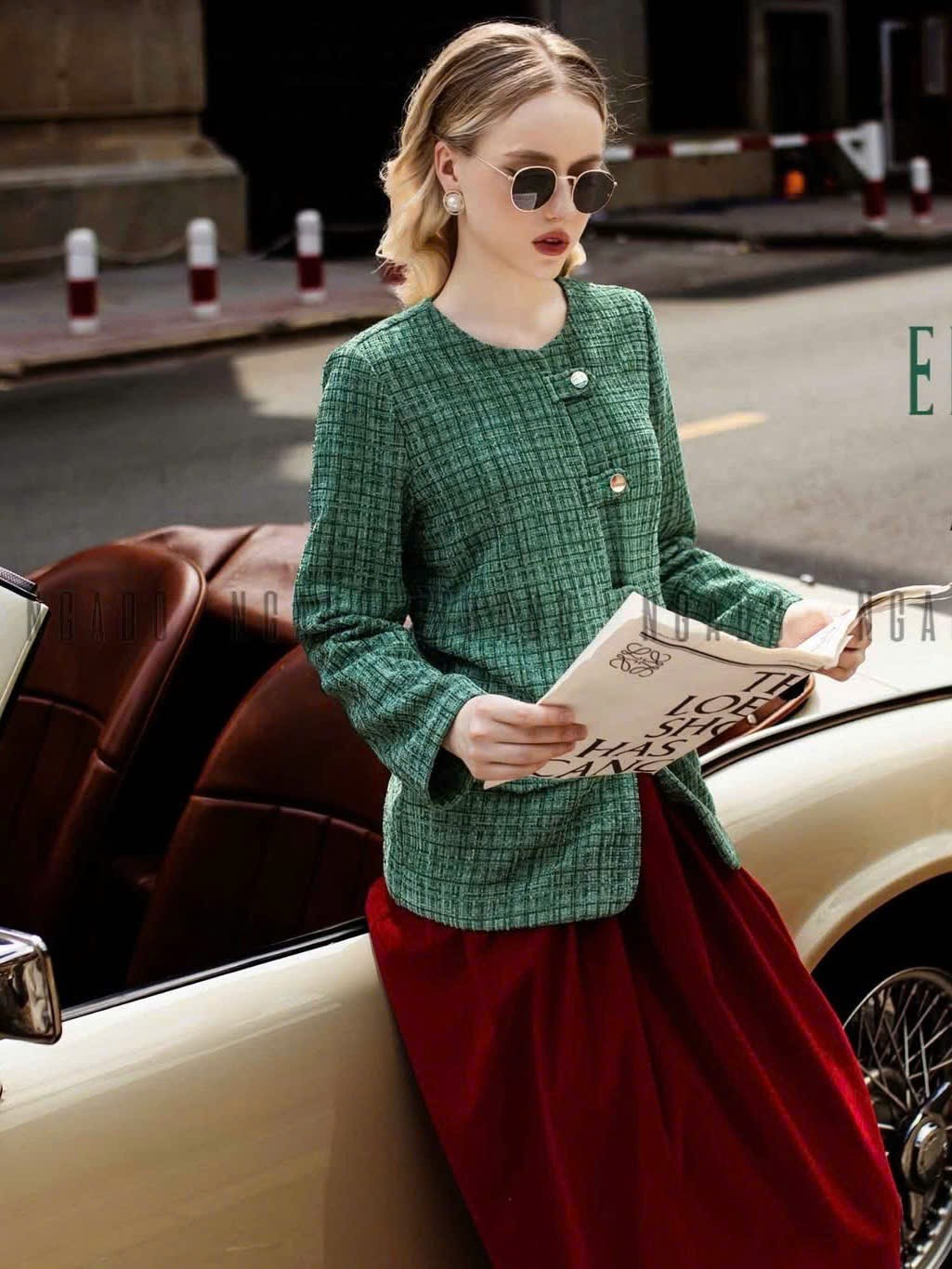 Set áo tweed xanh chân váy đỏ đô NGADO , set áo váy Nữ , set dự tiệc