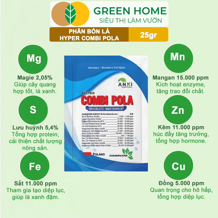 Phân Bón Lá Trung Vi Lượng Hyper Combi - Pola GreenHome, Gói 25Gr, Dạng Cốm Cao Cấp, Tăng Năng Suất