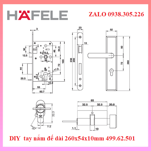 Tay nắm đế dài 260x54x10mm Hafele 499.62.501