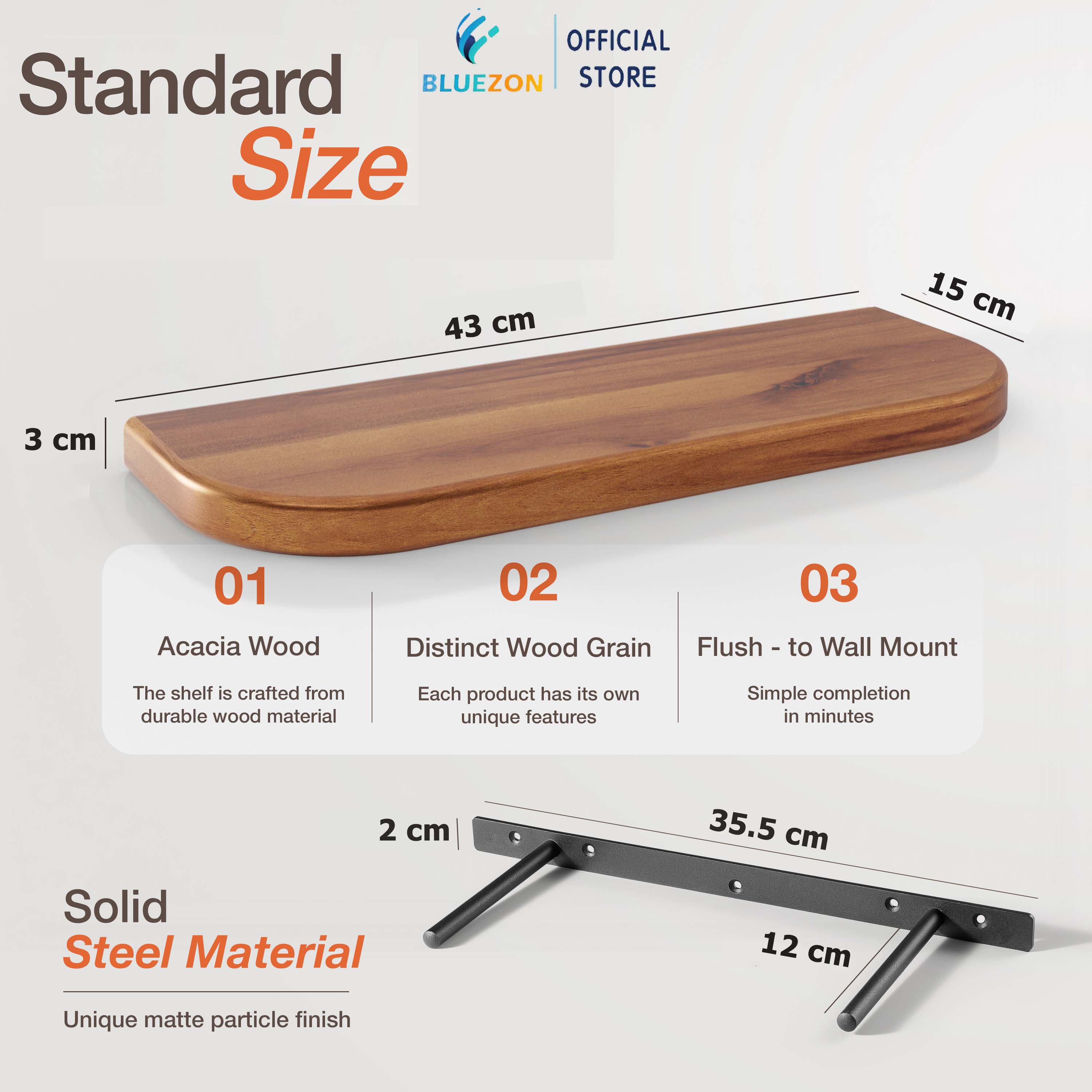 Combo 2 kệ gỗ góc bo tròn BLUEZON treo tường trang trí 43cm, kèm chốt chữ U âm tường, phụ kiện vít tắc kê