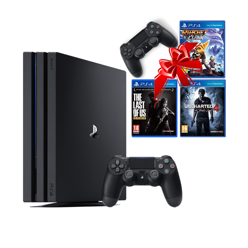 Bộ máy PS4 Pro 1TB CUH-7218B kèm 2 tay bấm + 3 đĩa game Uncharted 4, Ratchet &amp; Clank, The Last Of Us - Playstation Hàng chính hãng