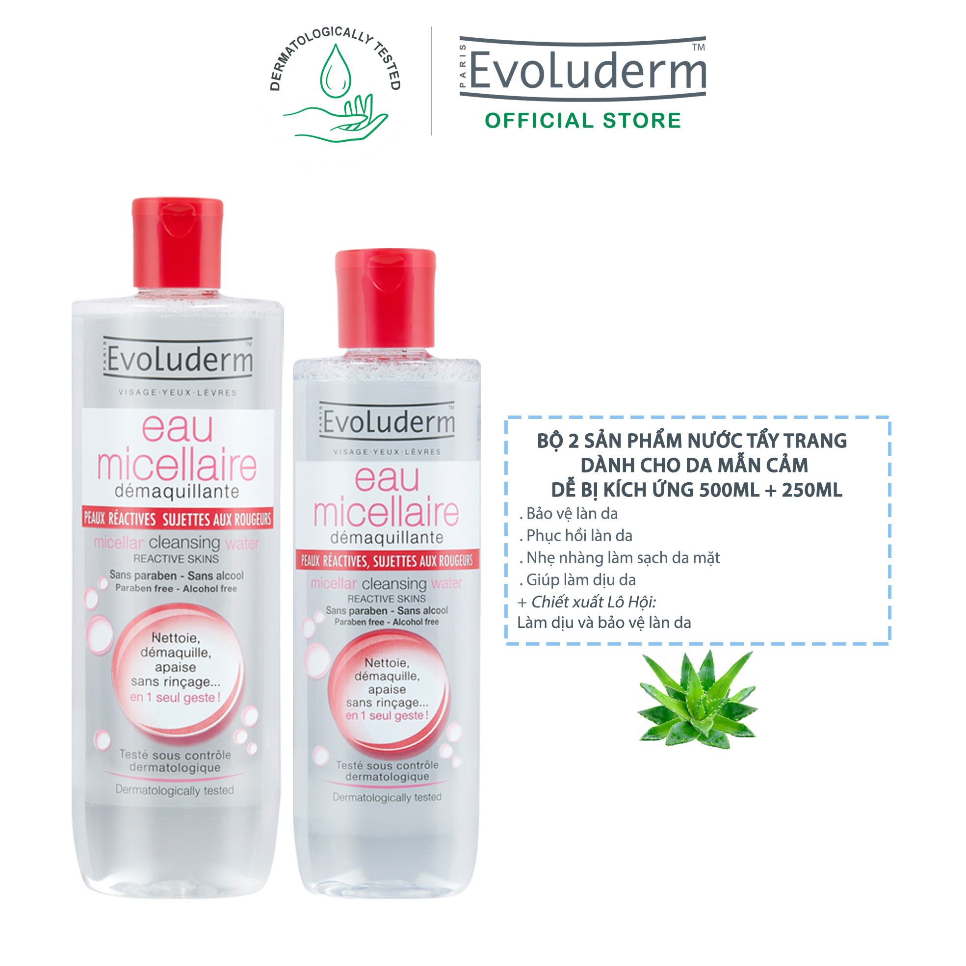 Bộ 2 sản phẩm nước tẩy trang Evoluderm dành cho da mẫn cảm dễ bị kích ứng 500ml và 250ml