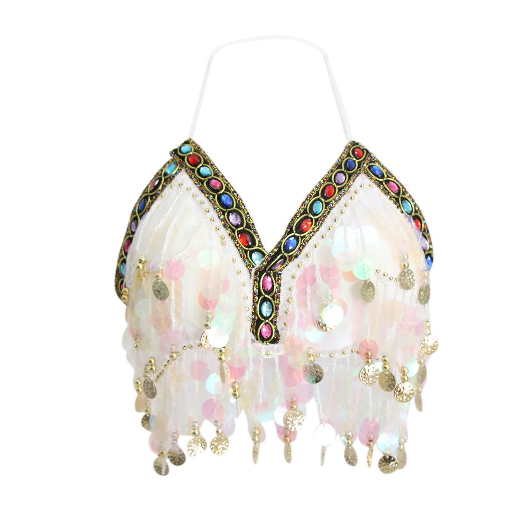 Womens Sparkling Belly Dance Bra Sequins Tassel Coins Top Samba Dancing Costume