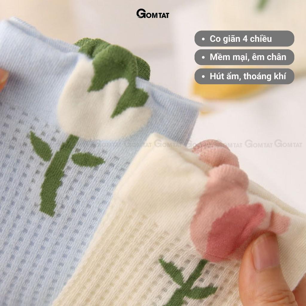 Tất nữ cổ trung họa tiết bông hoa dễ thương, vớ cổ lửng nữ chất liệu cotton cao cấp mềm mại - CAOHOA-ZHU-6002-1DOI