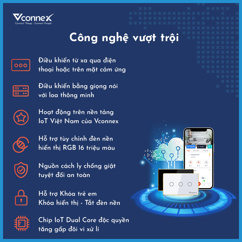 Công tắc cảm ứng thông minh Vconnex, Hình chữ nhật 1 nút Viền nhôm