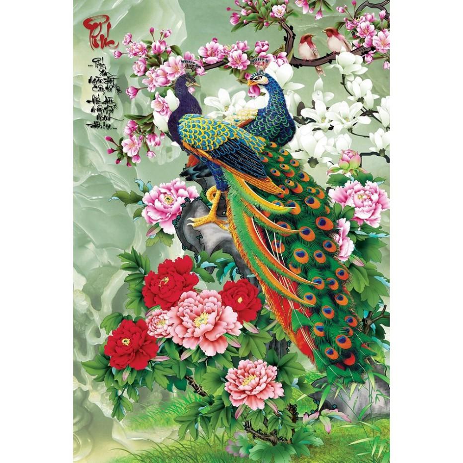Tranh dán tường đôi chim công chữ Phúc LunaTM-0111 nhiều kích thước
