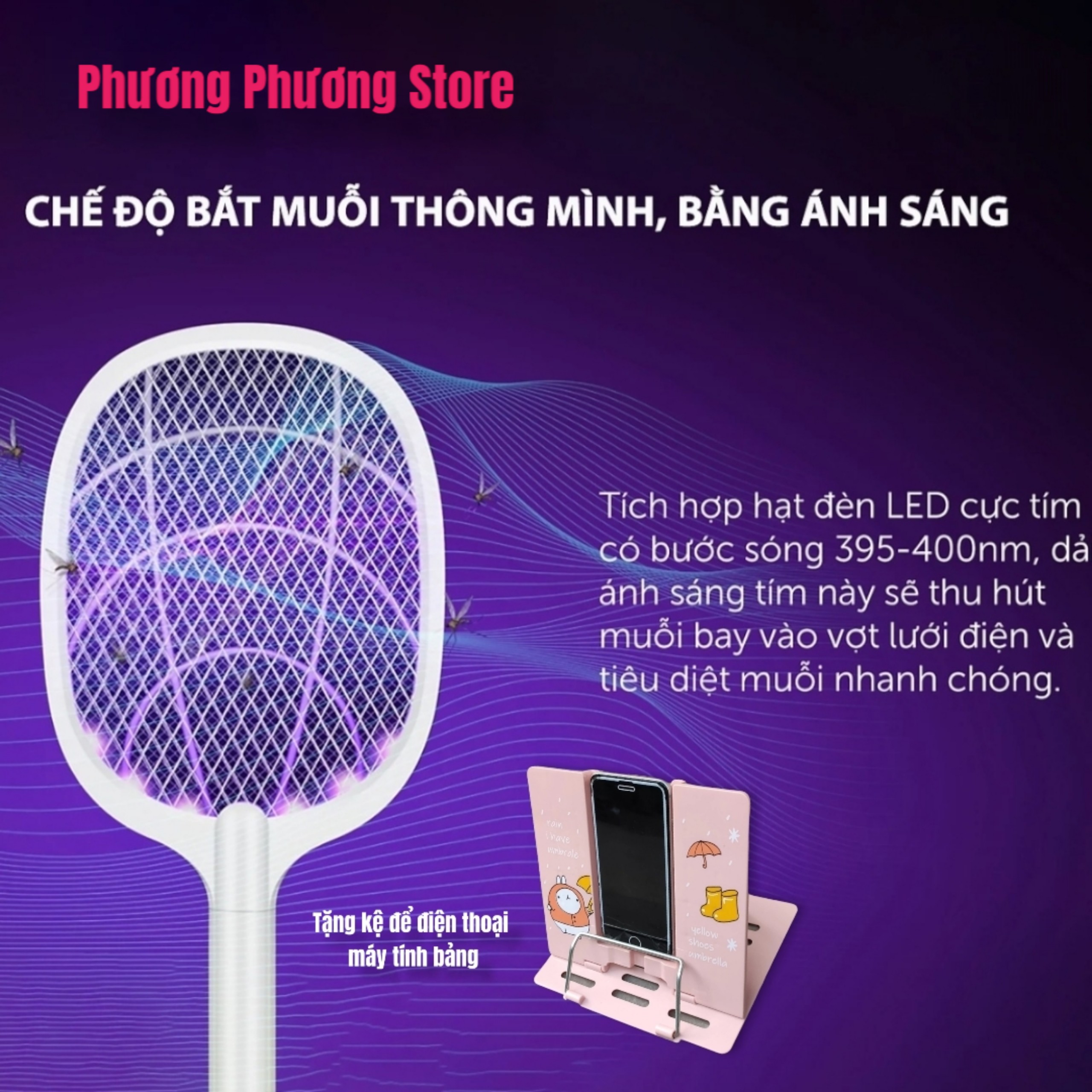 ( Hàng Cao Cấp ) Vợt Muỗi Thông Minh 3 in 1 Super Pro Tích Hợp Vợt Bắt Muỗi, Bẫy Muỗi và Đèn Ngủ Siêu Tiện Lợi, An Toàn Giúp Bảo Vệ Giấc Ngủ Gia Đình Bạn ( Tặng kê điện thoại )