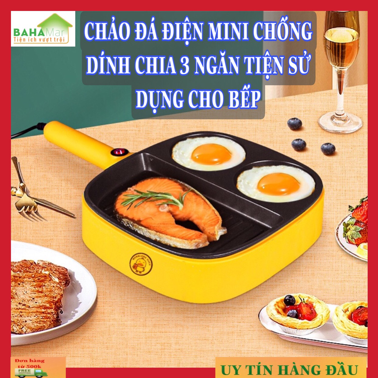 CHẢO ĐÁ ĐIỆN MINI CHỐNG DÍNH CHIA 3 NGĂN TIỆN SỬ DỤNG CHO BẾP "BAHAMAR" Chảo chia 3 ngăn, 2 ngăn tròn làm bánh, ngăn to dùng chiên, xào tiện lợi.