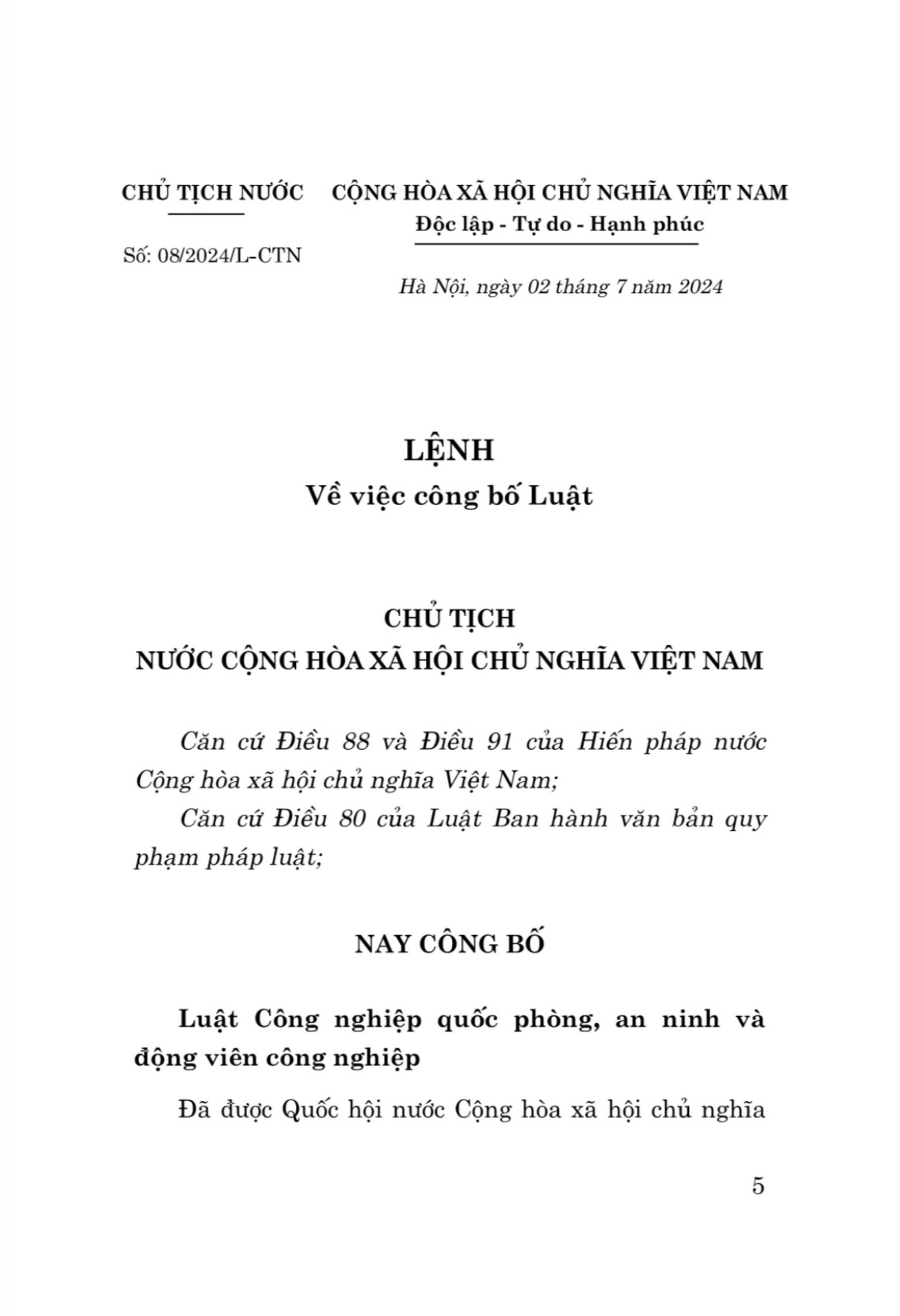 Luật công nghiệp quốc phòng , an ninh và động viên công nghiệp 2024 - bàn in 2024