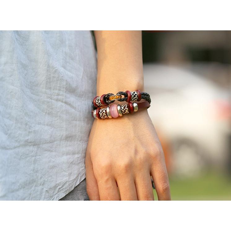 Vòng Đeo Tay Cá Tính Mix Hạt Gỗ + Hạt Gốm Da Unisex