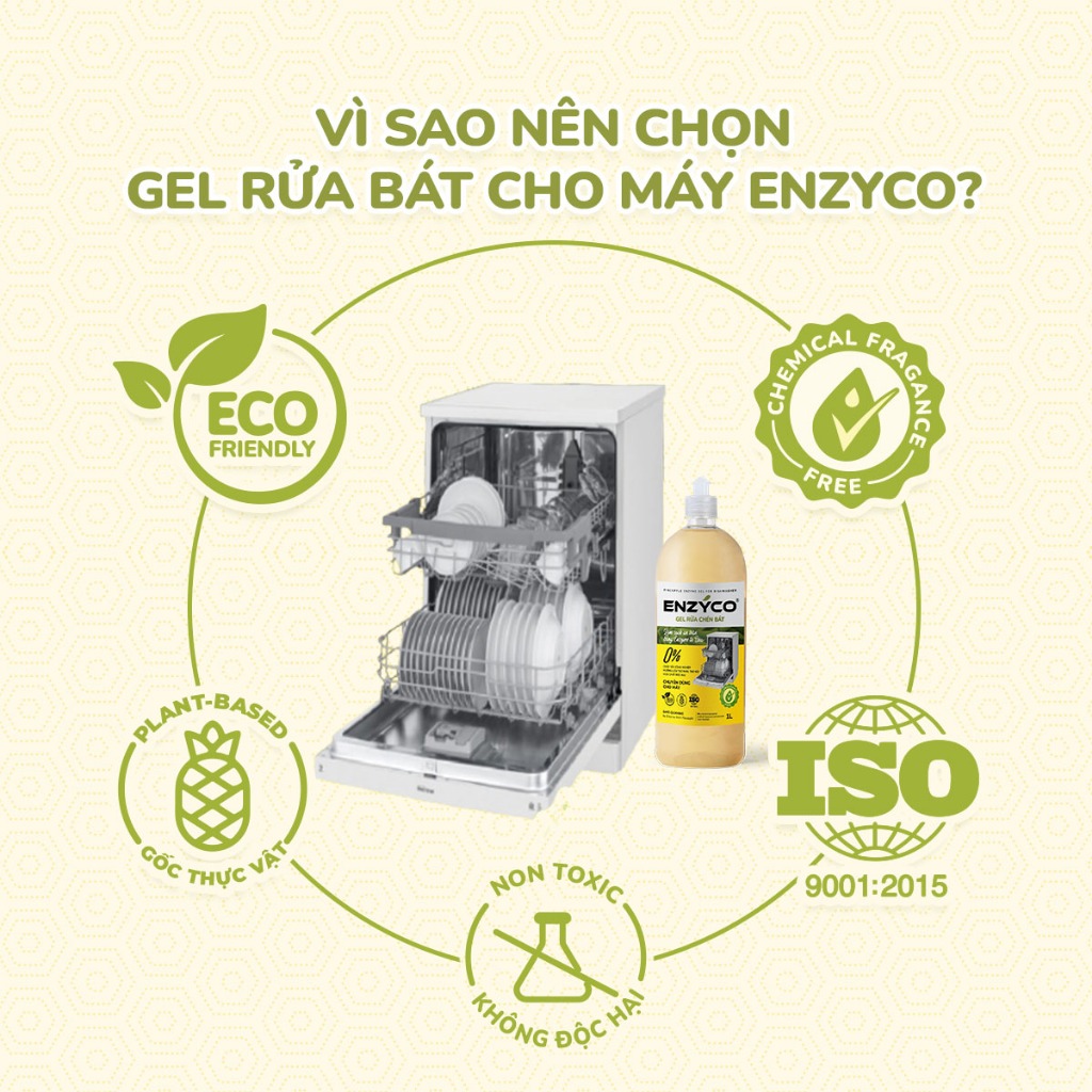 Gel rửa chén bát sinh học cho máy ENZYCO 850ml - Chiết xuất Bồ hòn và Enzyme Dứa