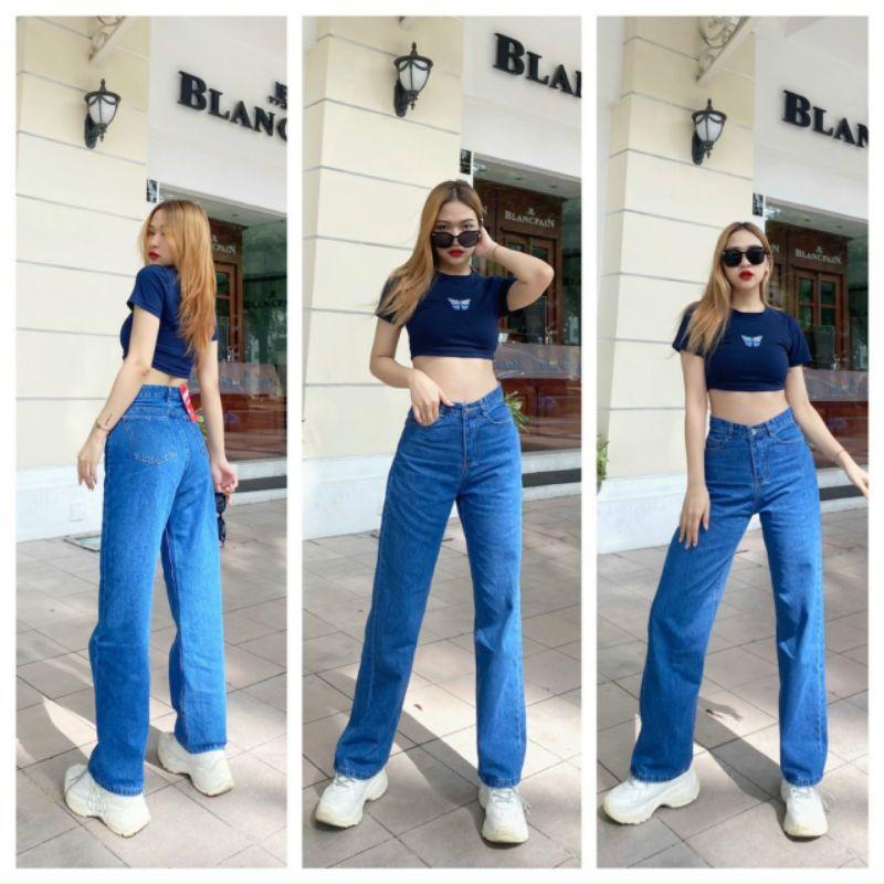 Quần jean nữ quần baggy jean ống suông cạp cao màu trơn dễ phối đồ