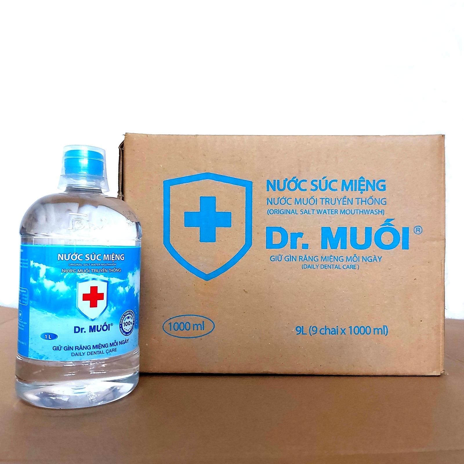 1 Thùng 9 chai Nước súc miệng Dr. Muối truyền thống 1000ml-Ngừa viêm họng, sâu răng, loại vi khuẩn, trắng răng, hết hôi miệng