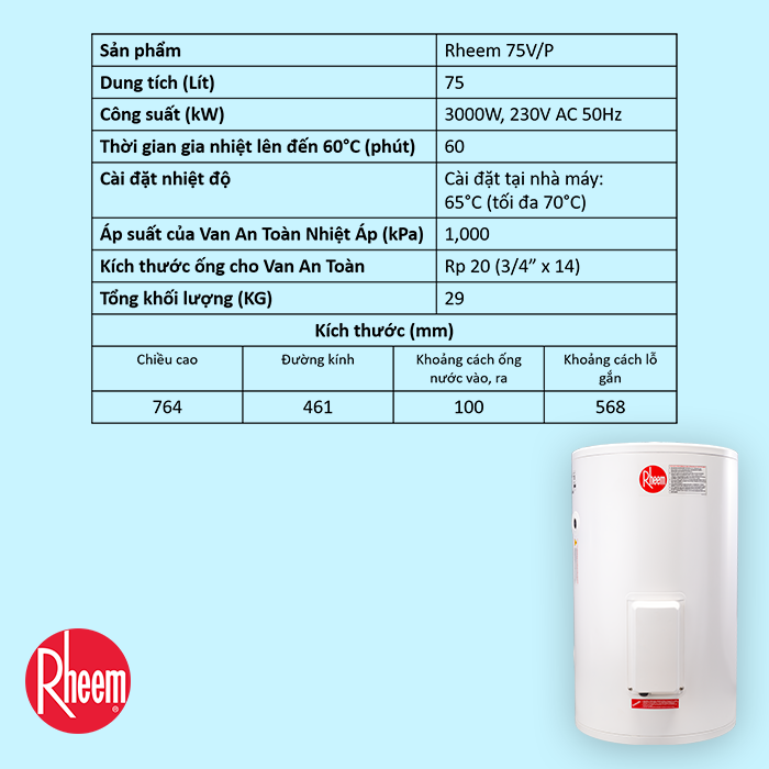 Bình Nước Nóng Gián Tiếp Rheem 75V/P - Hàng chính hãng