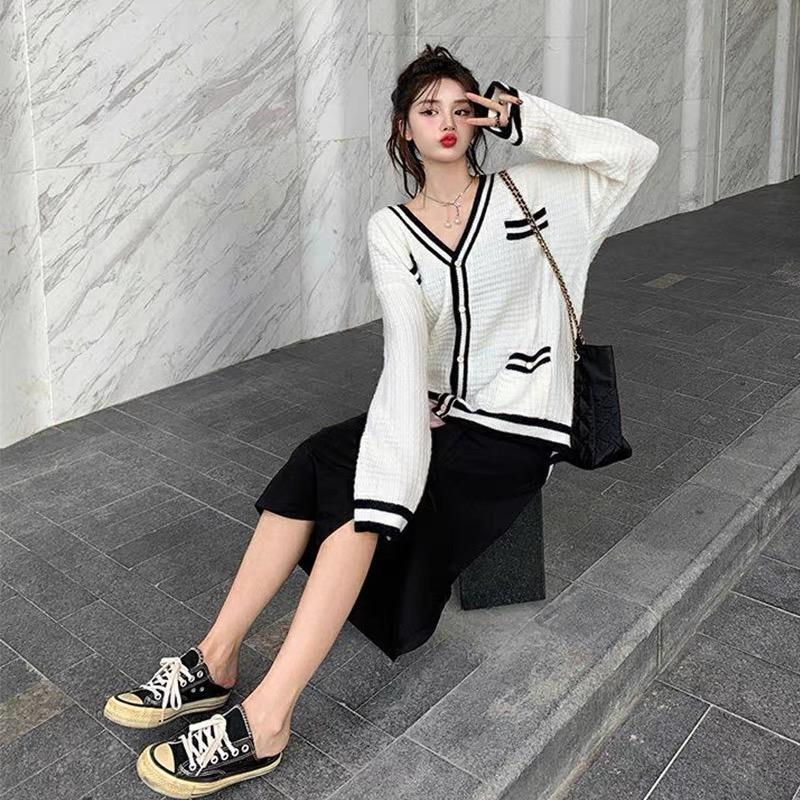 MS827 Áo khoác cardigan len nữ viền màu cổ tim giả túi