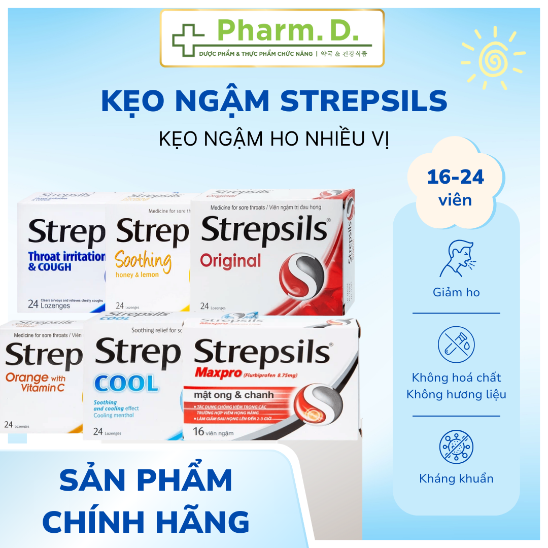 CHÍNH HÃNG Combo 3 Gói Kẹo Ngậm Ho Strepsils Nhiều Vị 24 viên 2vỉ x 8v Làm Dịu Cổ Họng Giảm Ho Kháng Khuẩn