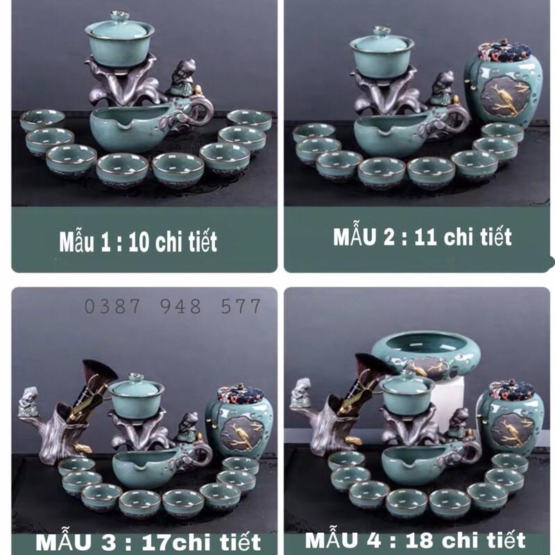 Bộ ấm chén pha trà đẹp cối xayTử sa gốm sứ cao cấp, 18 chi tiết chú tiểu màu xanh-M04