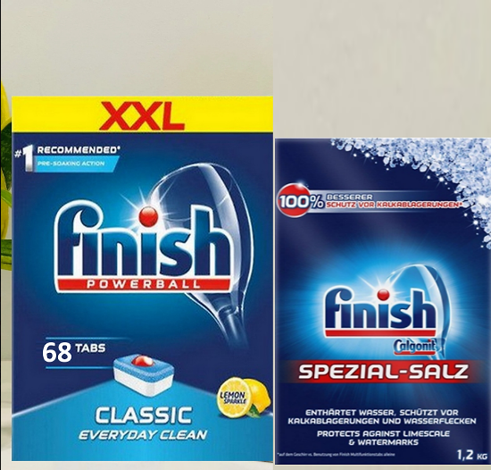 combo Muuối rửa bát Finish 1,2kg+Viên rửa chén bát Finish 68 viên dùng cho máy rửa bát