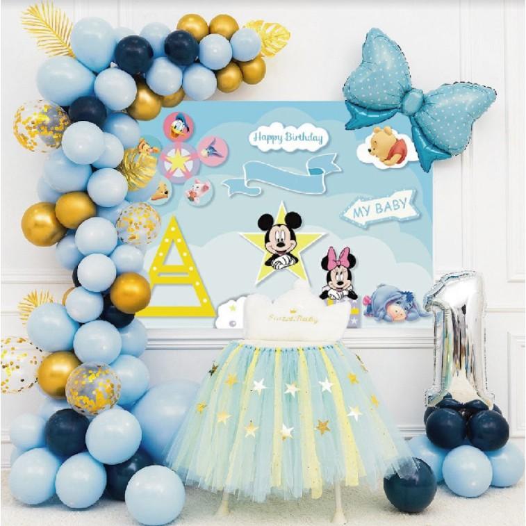 Combo bong bóng trang trí, tổ chức tiệc sinh nhật tông màu xanh đơn giản, có chuột Mickey - Có đầy đủ phụ kiện