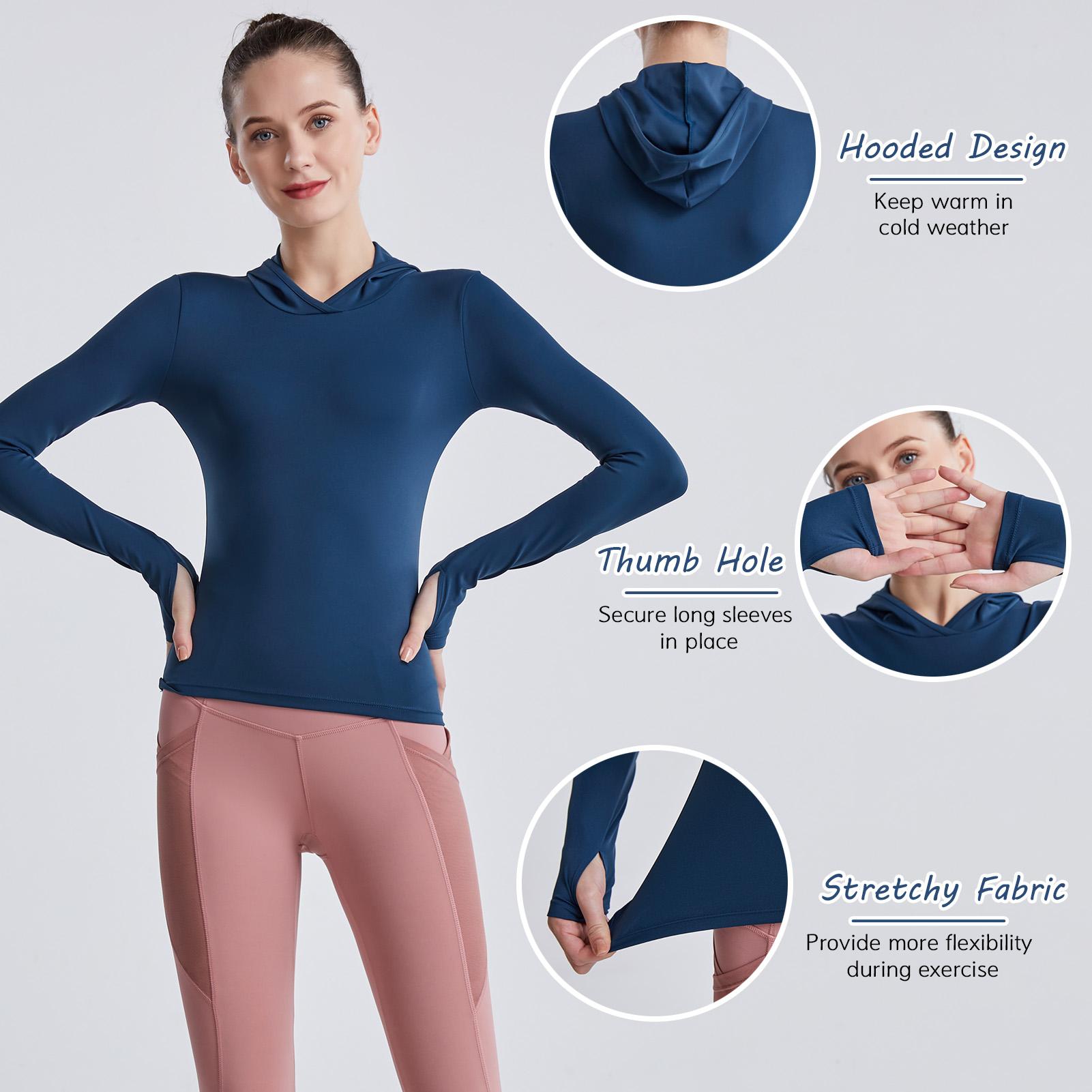 Áo tập thể thao dáng hoodie cho nữ với tay dài, xỏ ngón cái nhanh khô mỏng nhẹ có mũ trùm đầu